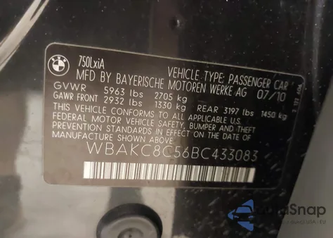 2011 BMW 750Li xDrive из США, поврежденный, VIN WBAKC8C56BC433083